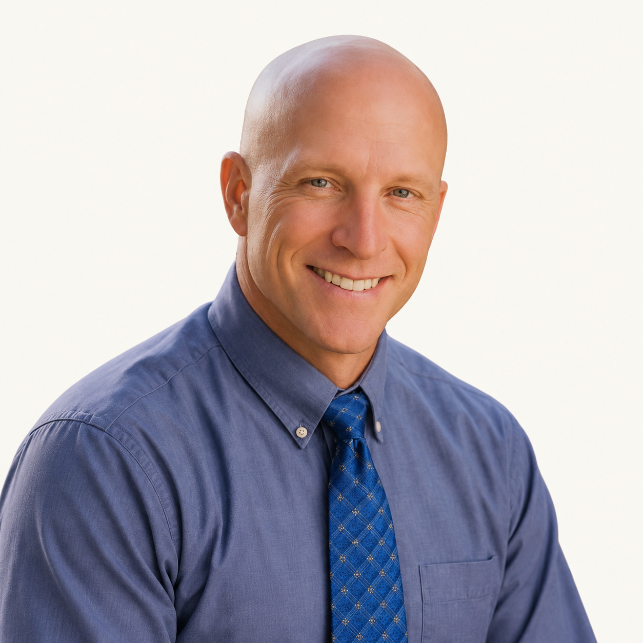 Smiling bald man in blue tie